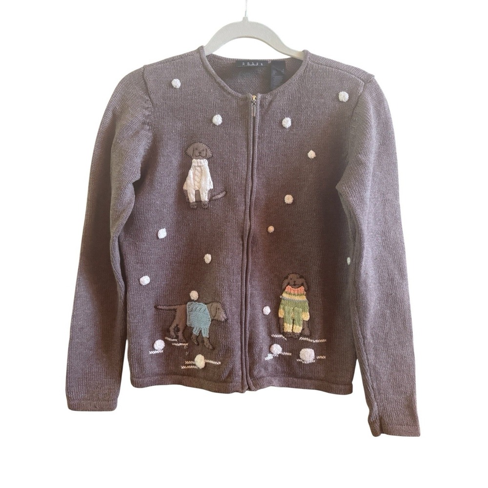 Vintage Crazy Horse Liz Claiborne Brown Knit Cardigan Size Small 3D Dog Appliqué